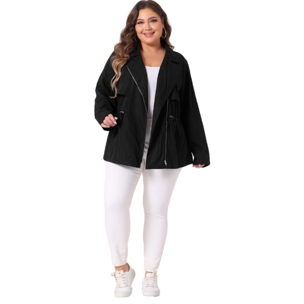 Plus Size Lapel Zipper Front Drawstring Waist Moto Jacket Black - Picture 3 of 6